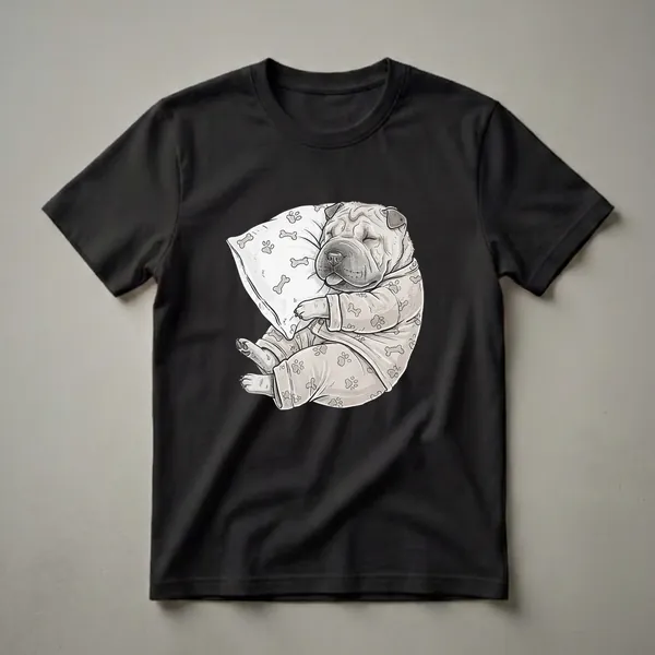A graphic t-shirt featuring a light-colored, sleeping Chinese Shar Pei dog wearing pajamas with a pattern of paw prints and bones, resting on a matching pillow.