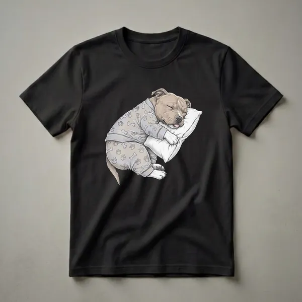 Light grey t-shirt featuring a hand-drawn illustration of a tan Staffordshire Bull Terrier puppy sleeping on a white pillow, wearing grey pajamas with paw print and bone patterns.