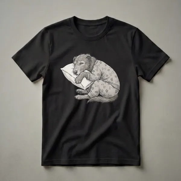 Gray graphic t-shirt featuring a scruffy Irish Wolfhound dog wearing pajamas and sleeping soundly on a pillow, with paw print and bone patterns on the pajamas.