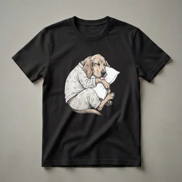 Graphic t-shirt featuring a watercolor-style illustration of a sleepy Bloodhound dog wearing pajamas and resting on a white pillow, with a black background.