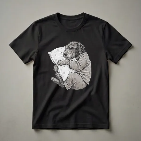 A black and white graphic t-shirt featuring a Wirehaired Pointing Griffon dog wearing pajamas and sleeping soundly on a pillow with bone and paw print patterns.