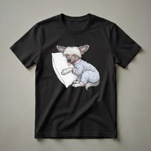 Light blue graphic t-shirt featuring a hand-drawn illustration of a sleepy Chinese Crested dog wearing blue pajamas with bone and paw print patterns, resting on a white pillow with its tongue sticking out.
