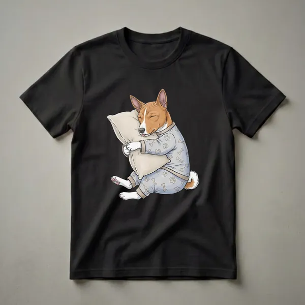 Light blue graphic t-shirt featuring a cartoon Basenji dog wearing pajamas with paw prints and bones, sleeping and hugging a pillow.