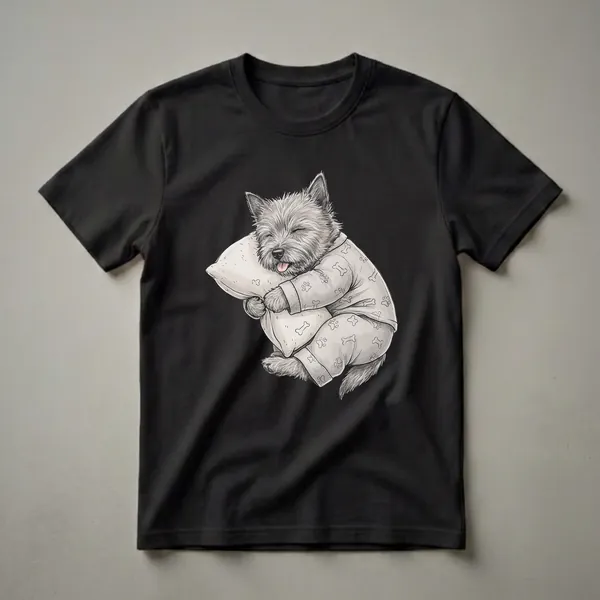 Light grey graphic t-shirt featuring a watercolor illustration of a sleepy Cairn Terrier dog wearing pajamas with paw print and bone patterns, hugging a pillow.