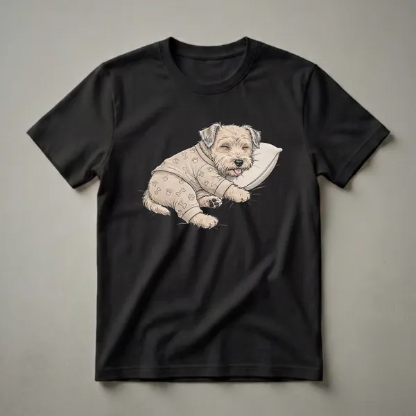 Light tan graphic t-shirt featuring a cartoon illustration of a sleepy Soft Coated Wheaten Terrier dog wearing pajamas with paw print and bone patterns, resting its head on a light beige pillow.