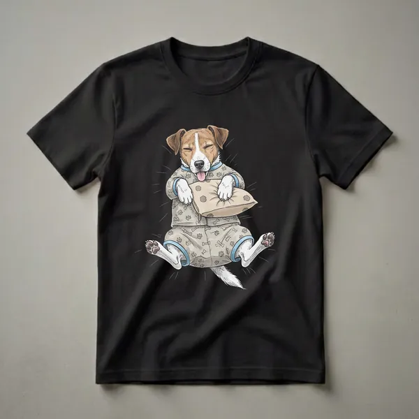 A graphic t-shirt featuring a cartoon illustration of a brown and white Jack Russell Terrier dog wearing light brown pajamas with paw print and bone patterns, sleeping and hugging a pillow.