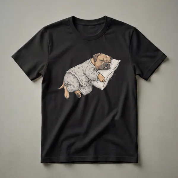 A fawn-colored Dogue de Bordeaux dog wearing grey pajamas with bone and paw prints, sleeping peacefully on a light-colored pillow. The dog has its eyes closed and tongue slightly out.