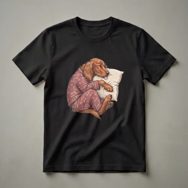 A graphic t-shirt featuring a cartoon illustration of a sleepy Irish Setter dog wearing red pajamas with a bone and paw print pattern, resting its head on a pillow.