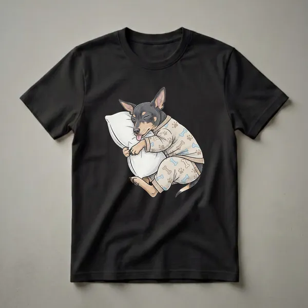 A graphic t-shirt featuring a black and tan Rat Terrier dog wearing tan pajamas with paw print and bone patterns, sleeping soundly on a white pillow, with its tongue slightly sticking out.