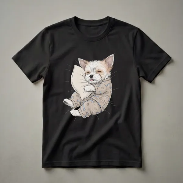 A tan and white Biewer Terrier puppy wearing tan pajamas with blue bone and paw print patterns, sleeping soundly on a light-colored pillow, with white lines radiating outwards.