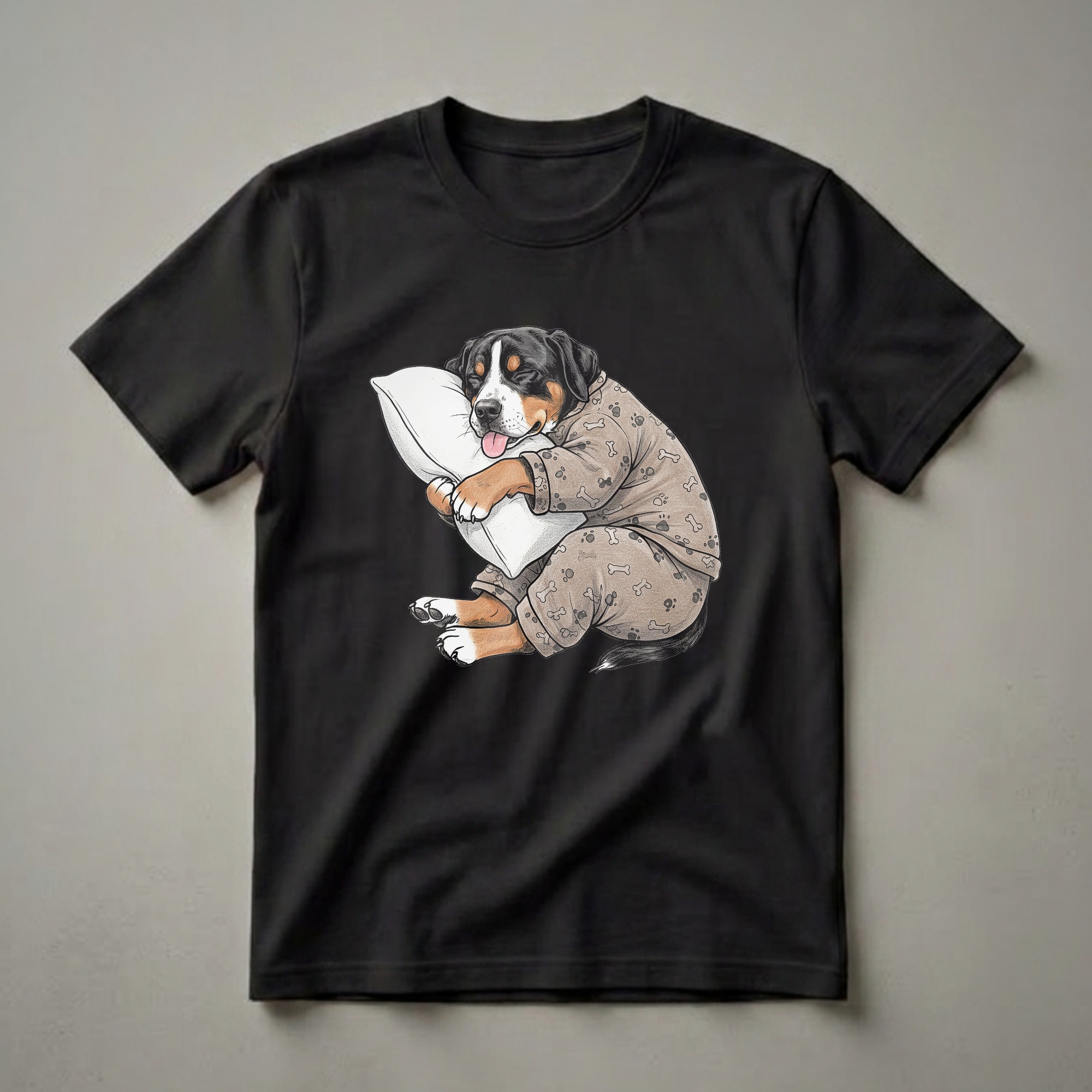 Brown and black Greater Swiss Mountain Dog wearing pajamas with paw print and bone pattern, sleeping on a white pillow, graphic t-shirt design.