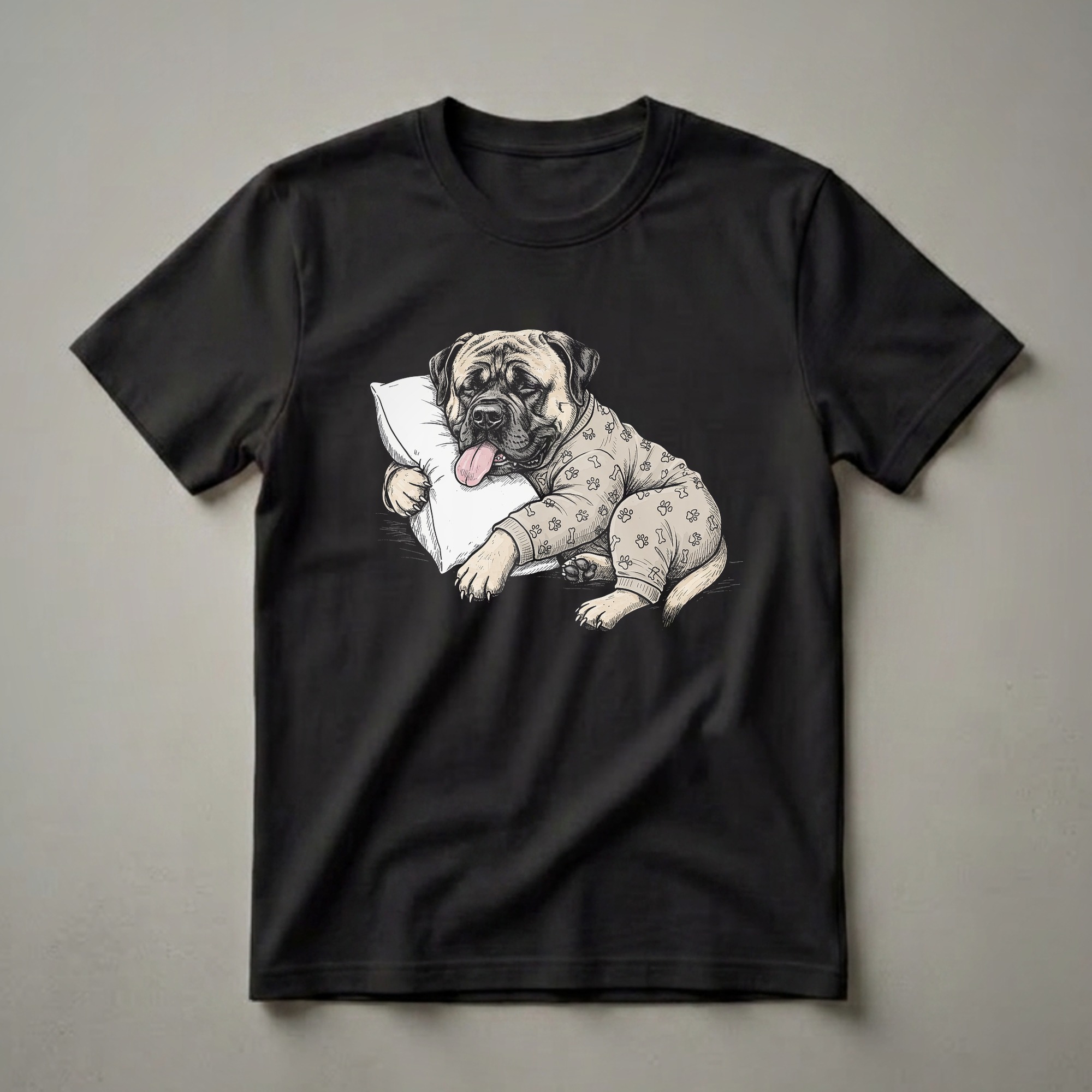 A tan Mastiff dog wearing light brown pajamas with paw print and bone patterns, sleeping soundly on a white pillow, rendered in a sketch art style.