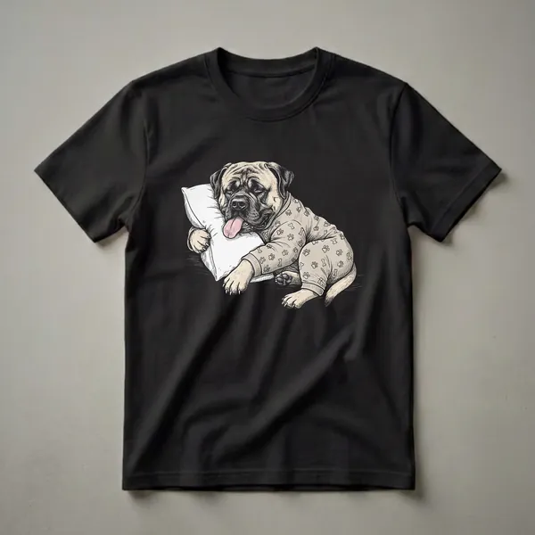 A tan Mastiff dog wearing light brown pajamas with paw print and bone patterns, sleeping soundly on a white pillow, rendered in a sketch art style.