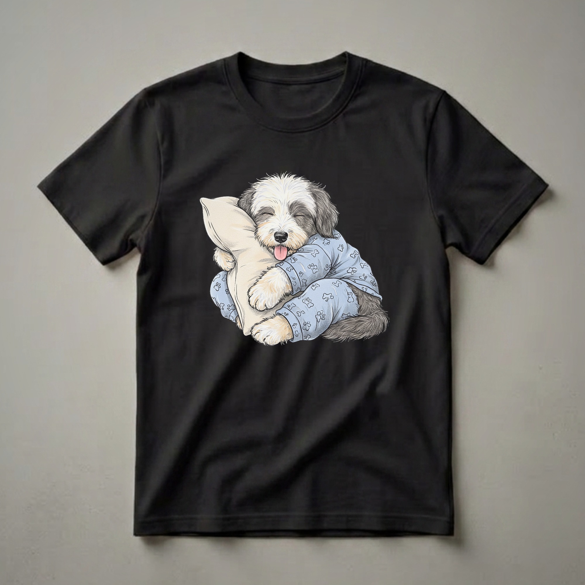 A light blue t-shirt featuring a cartoon illustration of a sleepy Old English Sheepdog wearing blue pajamas with paw prints and bones, hugging a cream-colored pillow.