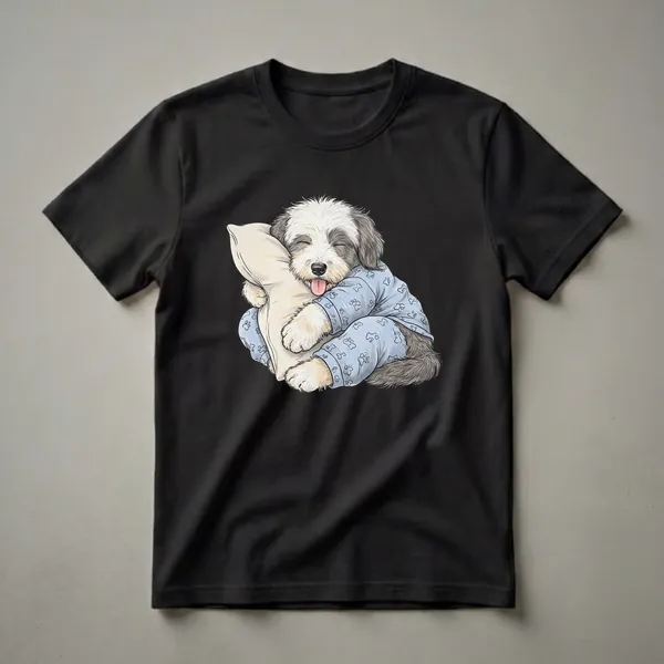 A light blue t-shirt featuring a cartoon illustration of a sleepy Old English Sheepdog wearing blue pajamas with paw prints and bones, hugging a cream-colored pillow.