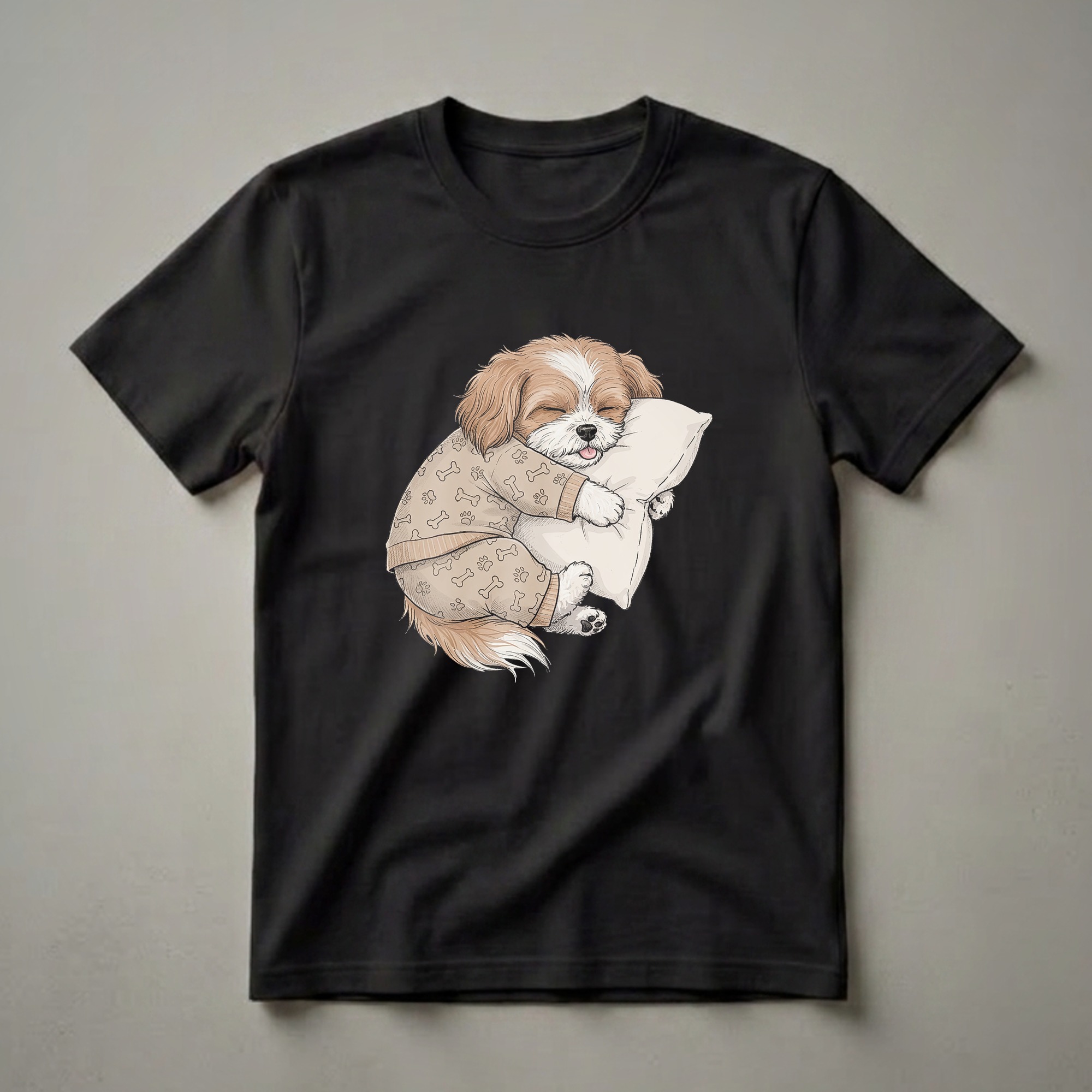 A light brown and white Lhasa Apso dog wearing tan pajamas with bone and paw print patterns sleeps soundly on a cream-colored pillow, with its tongue peeking out.