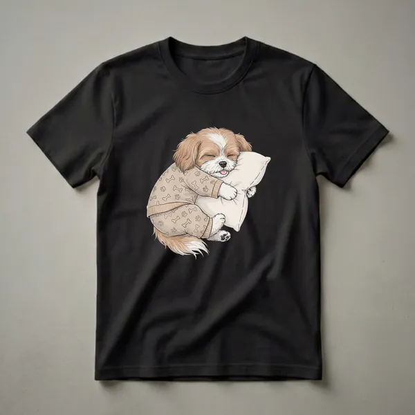 A light brown and white Lhasa Apso dog wearing tan pajamas with bone and paw print patterns sleeps soundly on a cream-colored pillow, with its tongue peeking out.