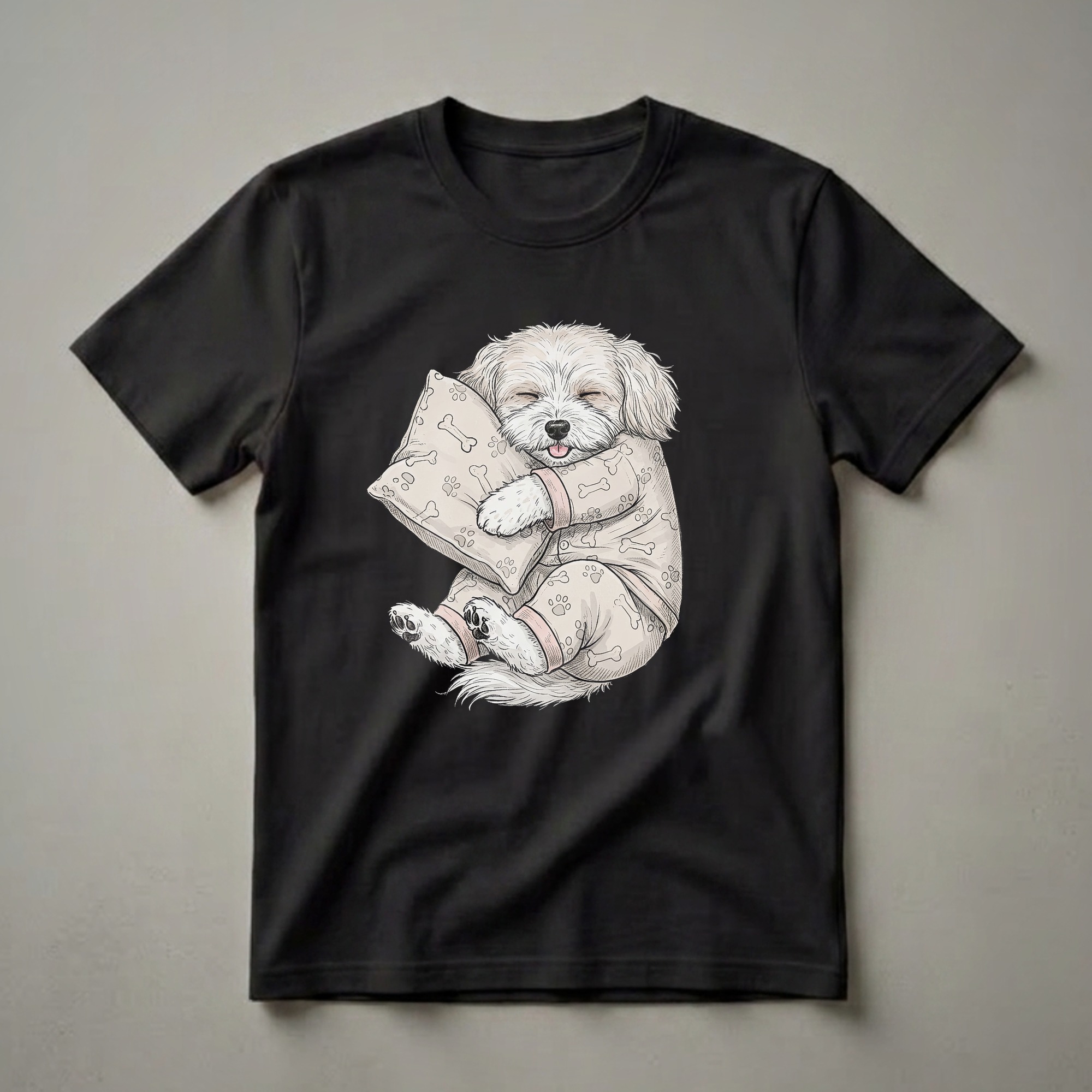 A light-colored graphic t-shirt featuring a watercolor illustration of a fluffy white Coton de Tulear puppy wearing pajamas and hugging a pillow with a bone and paw print pattern.
