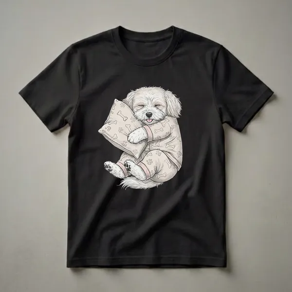 A light-colored graphic t-shirt featuring a watercolor illustration of a fluffy white Coton de Tulear puppy wearing pajamas and hugging a pillow with a bone and paw print pattern.