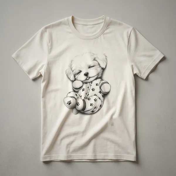 White graphic t-shirt featuring a cartoon Maltipoo dog in pajamas and a nightcap, with text that reads 'Funny Cute Maltipoo Pajama Kids Boys Girls'.