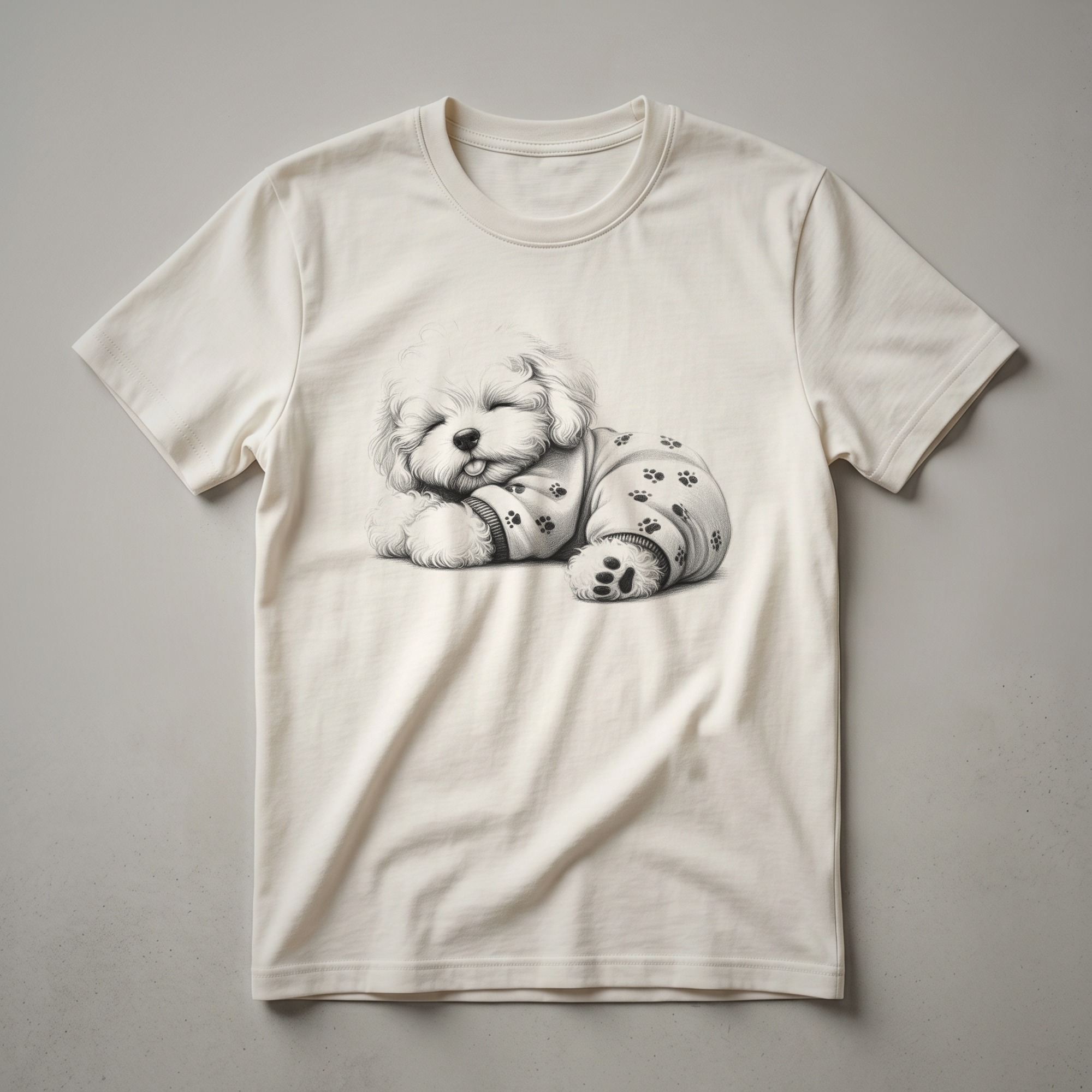 White t-shirt with a cartoon illustration of a sleepy Schnoodle dog wearing blue pajamas and a nightcap.