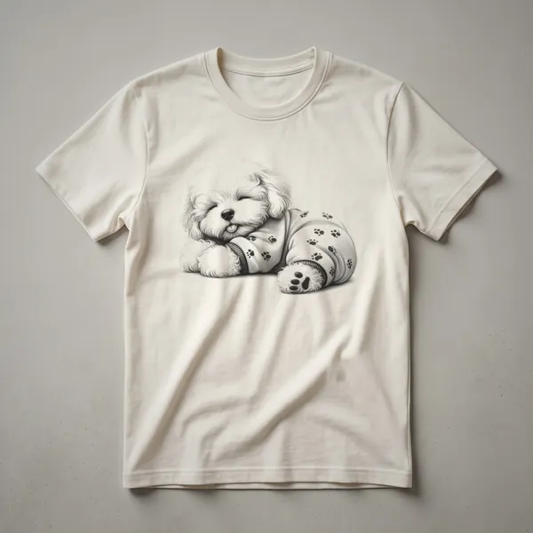 White t-shirt with a cartoon illustration of a sleepy Schnoodle dog wearing blue pajamas and a nightcap.