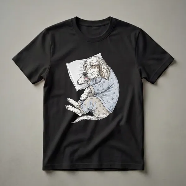 Light blue graphic t-shirt featuring a detailed illustration of a sleepy English Setter dog wearing patterned pajamas and resting on a white pillow, with its tongue gently poking out.