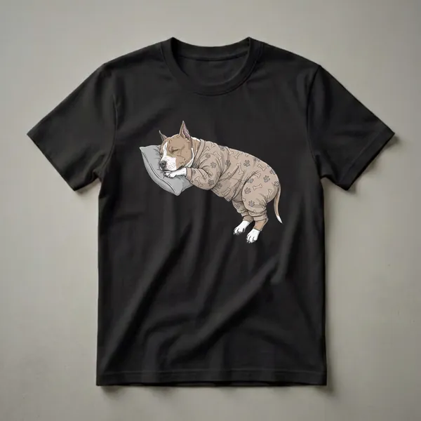 Tan and white American Staffordshire Terrier dog wearing pajamas and sleeping on a grey pillow, depicted in a cartoon illustration style.