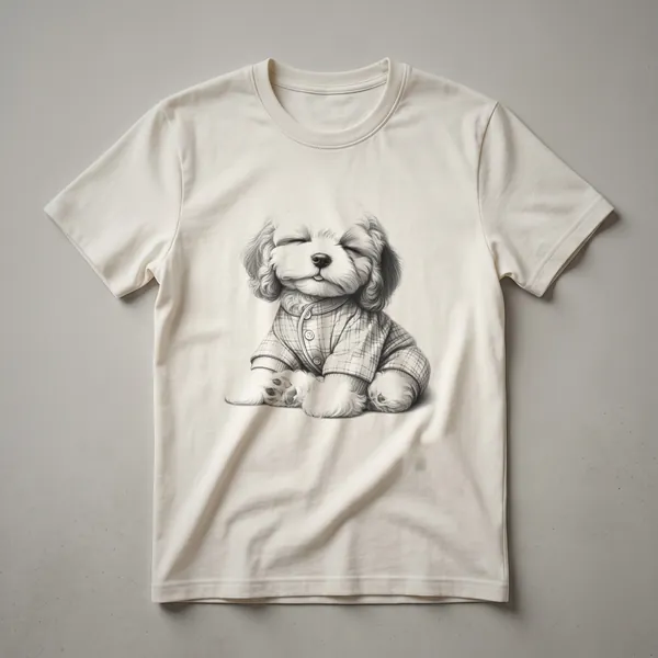 White graphic t-shirt featuring a cartoon illustration of a sleepy Cavapoo dog wearing blue pajamas and a nightcap.