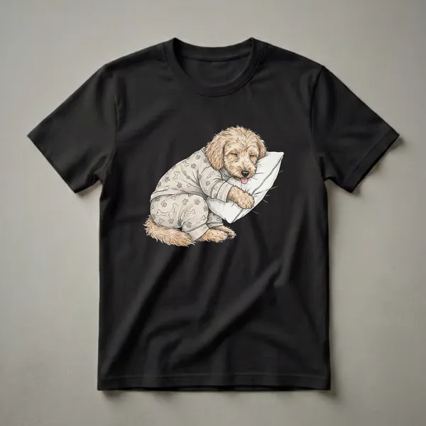 A graphic t-shirt featuring a hand-drawn illustration of a light brown Goldendoodle dog sleeping soundly on a plush white pillow, wearing light-colored pajamas patterned with paw prints and bones.