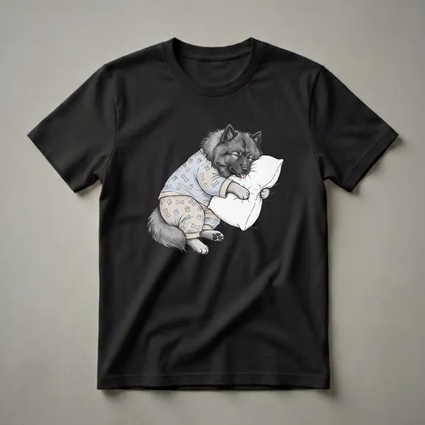 A graphic t-shirt featuring a black and grey Keeshond dog wearing light blue pajamas with bone and paw print patterns, sleeping soundly on a white pillow.
