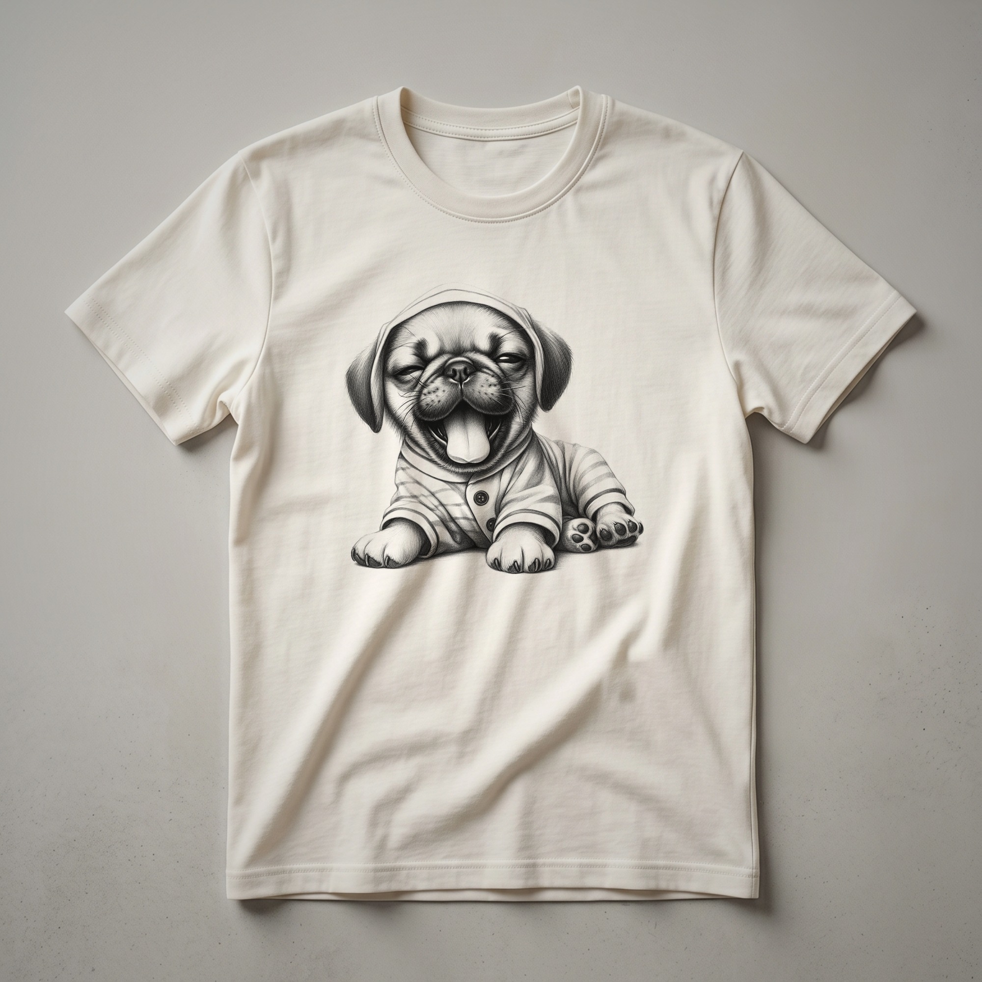 White t-shirt featuring a cartoon illustration of a sleepy puggle dog wearing blue pajamas, with the text 'Funny Sleepy Puggle Pajama' above.
