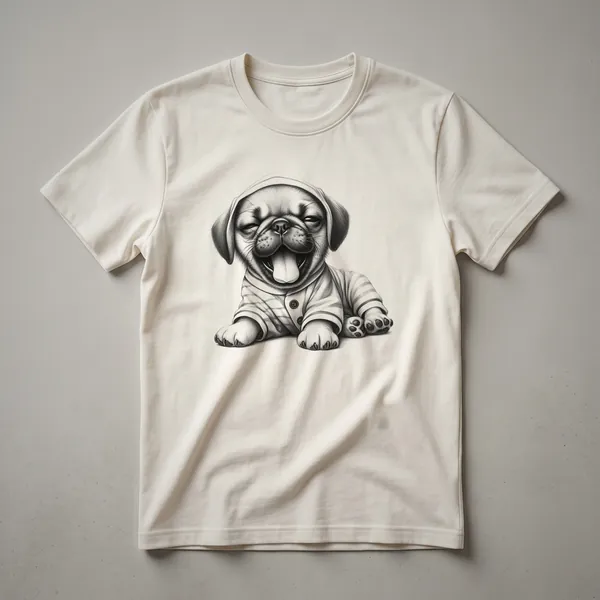 White t-shirt featuring a cartoon illustration of a sleepy puggle dog wearing blue pajamas, with the text 'Funny Sleepy Puggle Pajama' above.