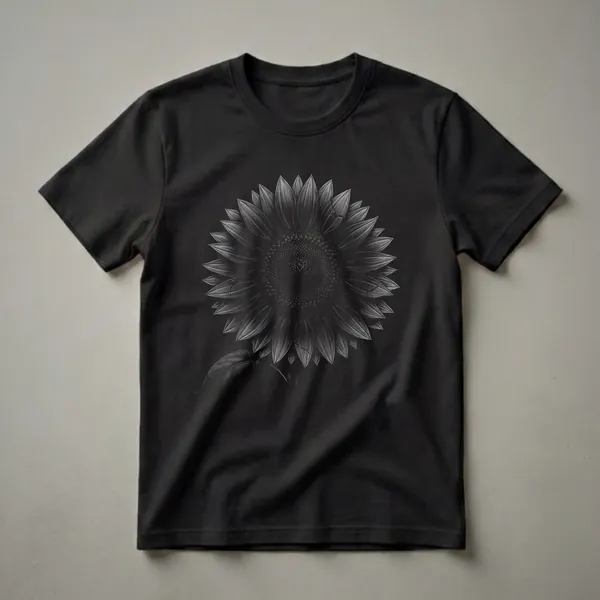 Black graphic t-shirt featuring a detailed, monochromatic illustration of a sunflower with intricate shading and a dark, gothic art style, set against a black background.