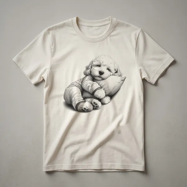 White t-shirt with a cartoon illustration of a sleeping Cockapoo dog wearing blue pajamas and a nightcap.