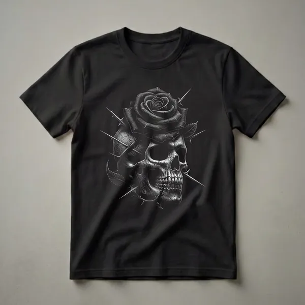 Black and white graphic t-shirt featuring a human skull with a black rose on top, surrounded by thorny vines and leaves.