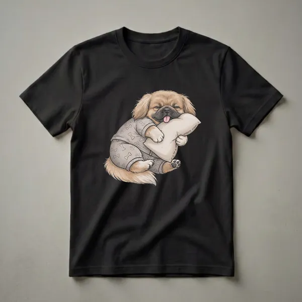 A light-colored graphic t-shirt featuring a cartoon Pekingese dog wearing grey pajamas with bone and paw print patterns, sleeping soundly with its tongue sticking out while hugging a pillow.