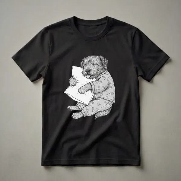 A black and white graphic t-shirt featuring a Bouvier des Flandres dog sleeping while hugging a pillow, wearing pajamas with bone and paw print patterns.