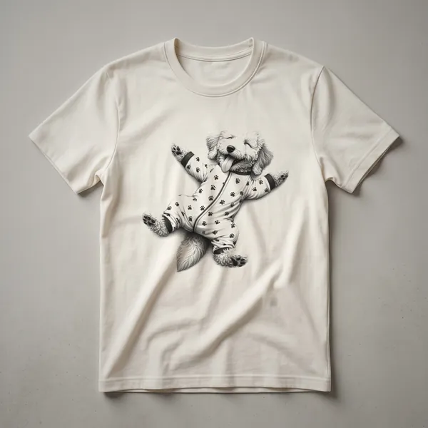 White t-shirt with a graphic of a sleeping Labradoodle dog wearing blue pajamas and a nightcap, with the text 'Pajama Time' above it.