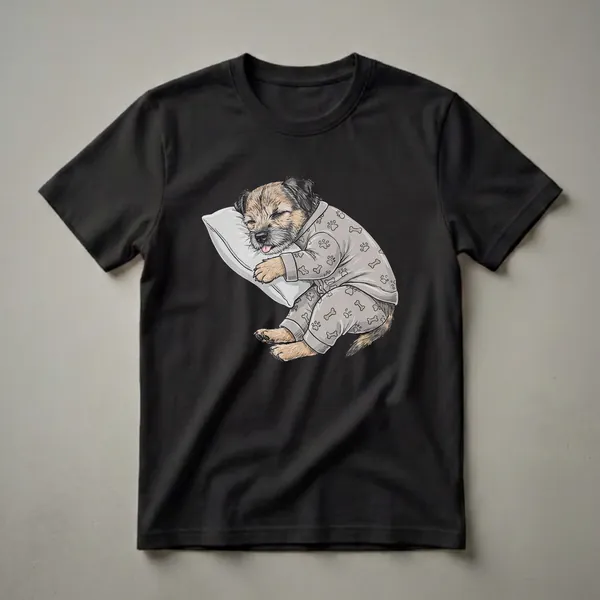 A light grey t-shirt featuring a detailed illustration of a sleepy Border Terrier dog wearing pajamas and resting on a pillow, with a tongue slightly sticking out.