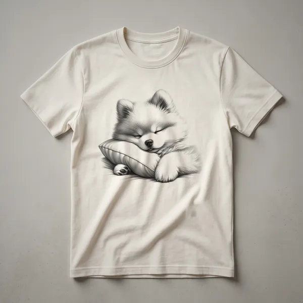 White t-shirt with a graphic of a sleepy Pomsky dog wearing blue pajamas and a nightcap, with closed eyes and a relaxed expression.