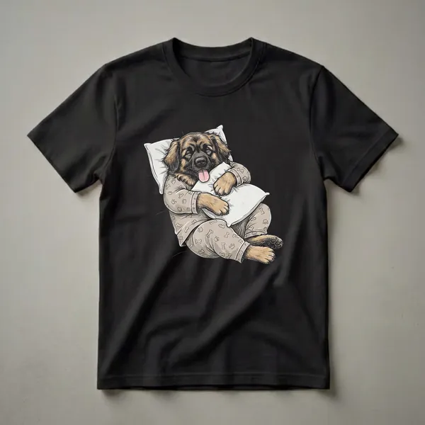 A light brown graphic t-shirt with a print of a Leonberger dog wearing pajama bottoms and a pajama top, sleeping on a pillow with its tongue hanging out.