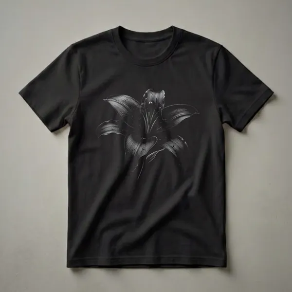 Black graphic t-shirt featuring a detailed, high-contrast illustration of a black lily flower with visible petals and stamens against a solid black background.