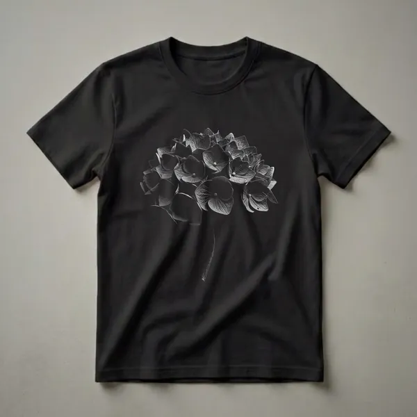 Black and white graphic t-shirt featuring a close-up of a dark hydrangea flower head with detailed petals against a solid black background.