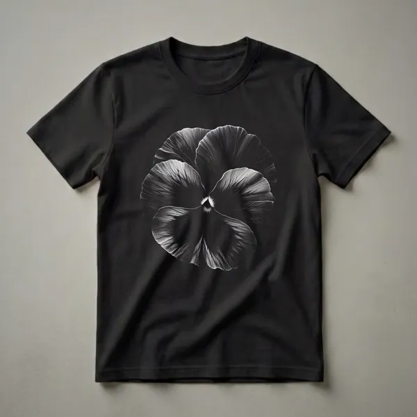 Black and white illustration of a pansy flower with detailed petal textures on a black background, featured on a t-shirt.