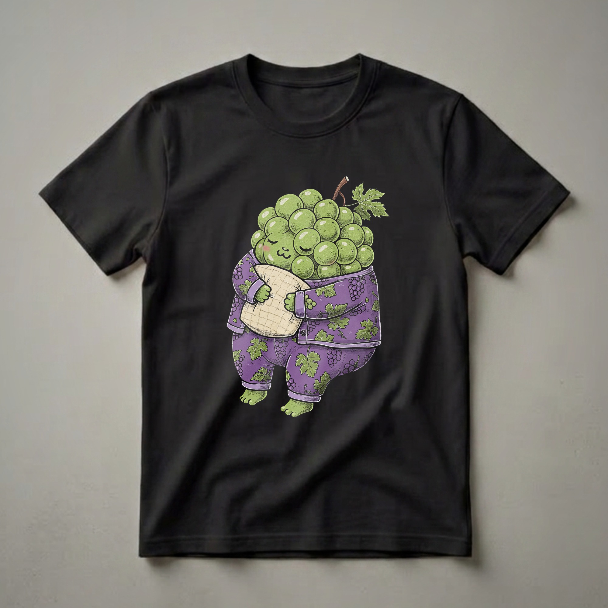 Green grapes character wearing purple pajamas with a grape pattern, sleeping with a pillow, on a black background.