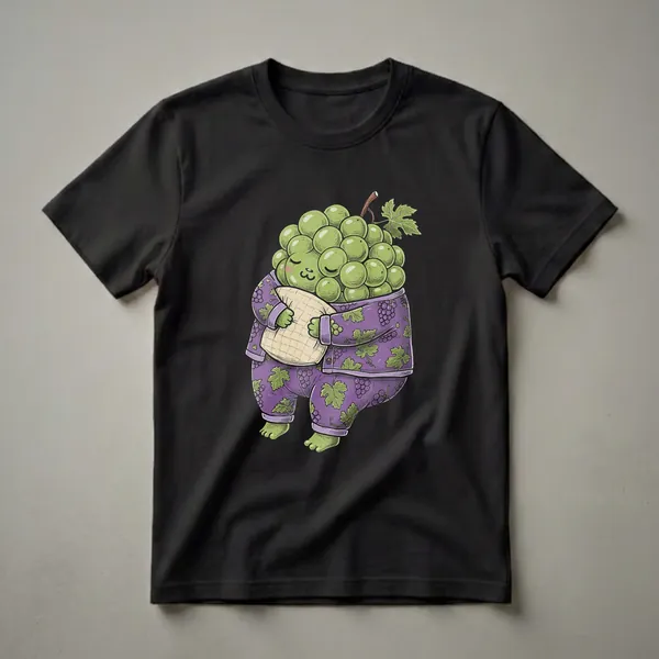 Green grapes character wearing purple pajamas with a grape pattern, sleeping with a pillow, on a black background.