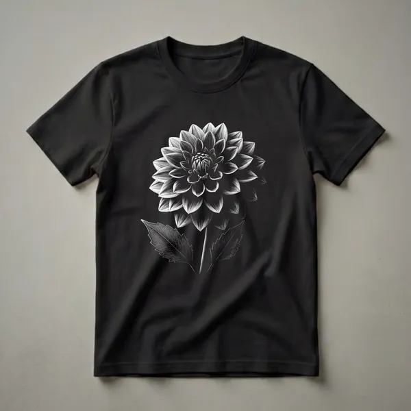 Black and white graphic t-shirt featuring a detailed illustration of a dahlia flower with multiple layers of petals and two textured leaves against a black background.
