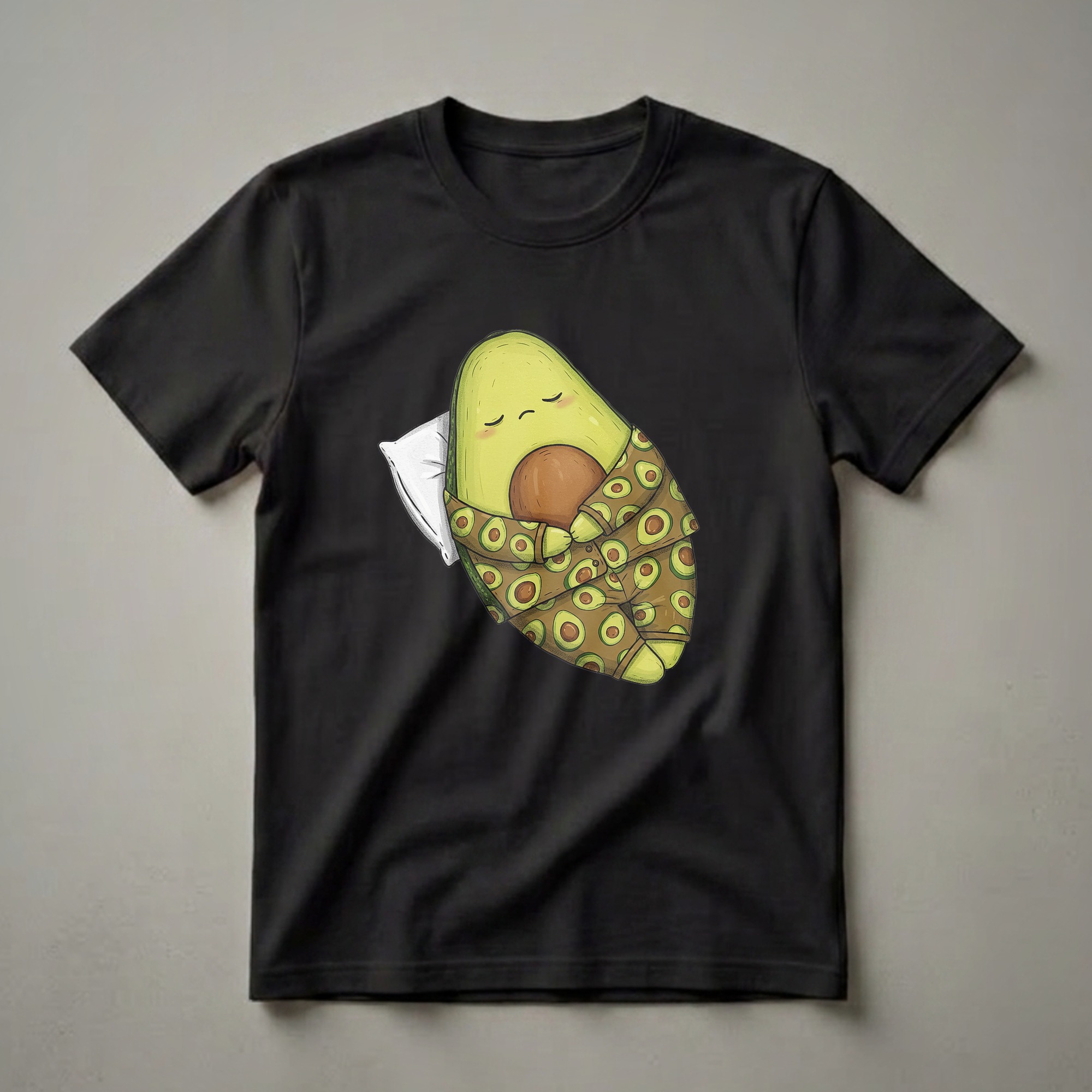 A green cartoon avocado wearing brown pajamas with avocado slices, sleeping on a white pillow. The shirt is black.