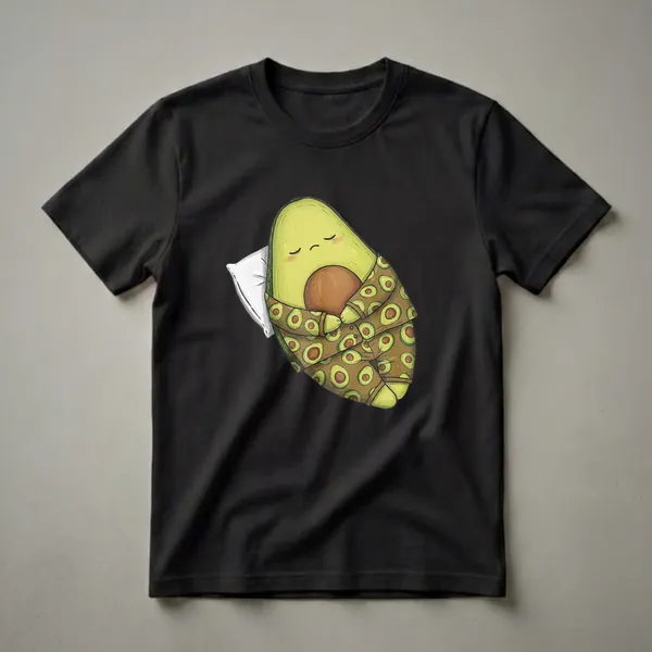 A green cartoon avocado wearing brown pajamas with avocado slices, sleeping on a white pillow. The shirt is black.